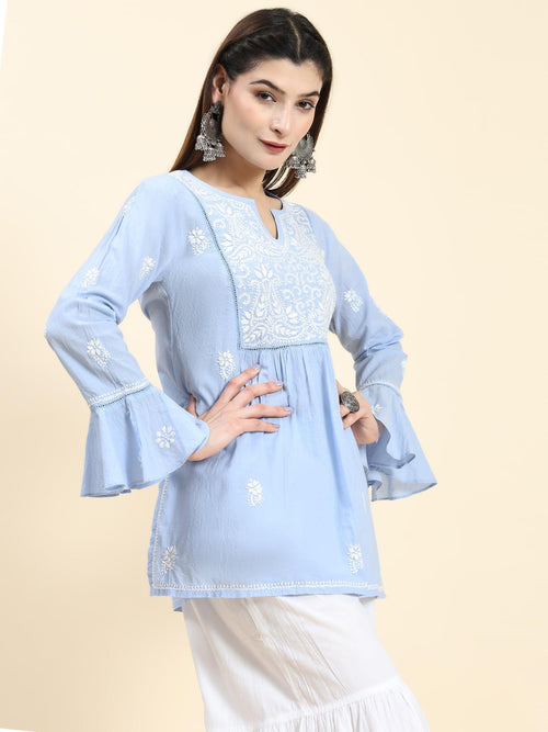 Buy HER CLOTHING Cotton Chikankari Short Kurti | Embroidery Work | 3/4  Sleeve | Round V-Cut Neck (Light Green) at Amazon.in